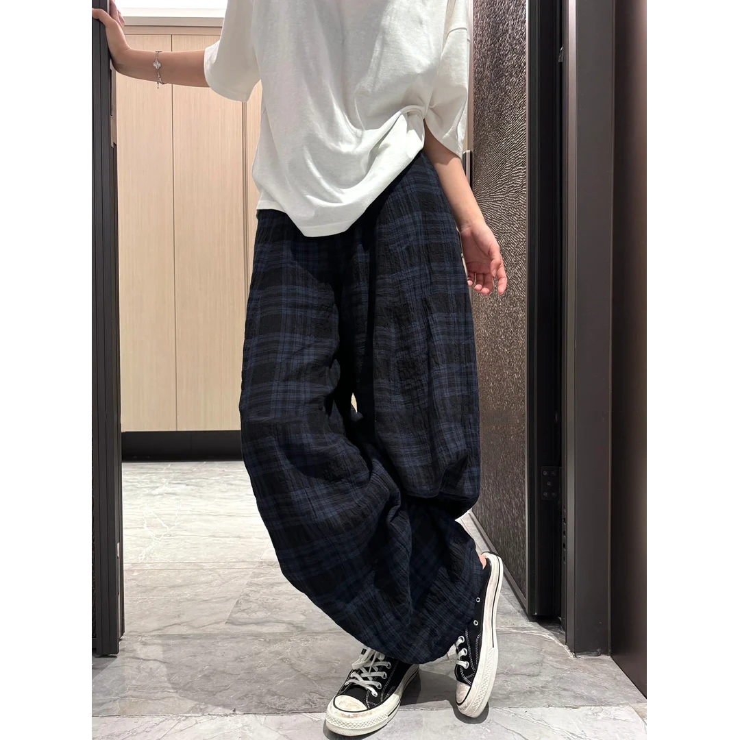『林木木家』复古英伦撞色格纹宽松新款休闲裤松紧腰阔腿弯刀长裤