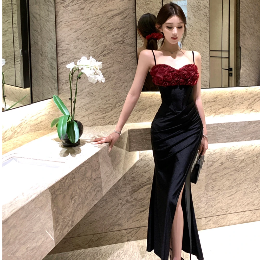 高级性感立体花朵抹胸连衣裙女夏季新款气质露背鱼尾礼服开叉长裙