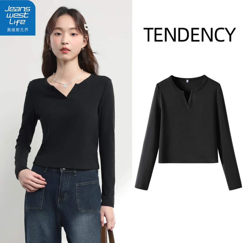 真维斯无界设计感小V领紧身长袖T恤气质显瘦显身材高颜值百搭上衣
