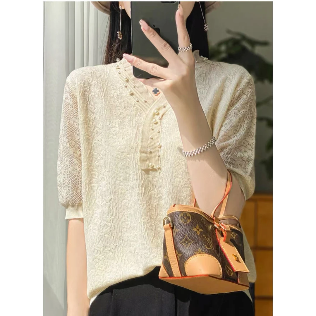 羊毛衫法式高级感V领钉珠五分袖浮雕提花YM-QHDMR-B525