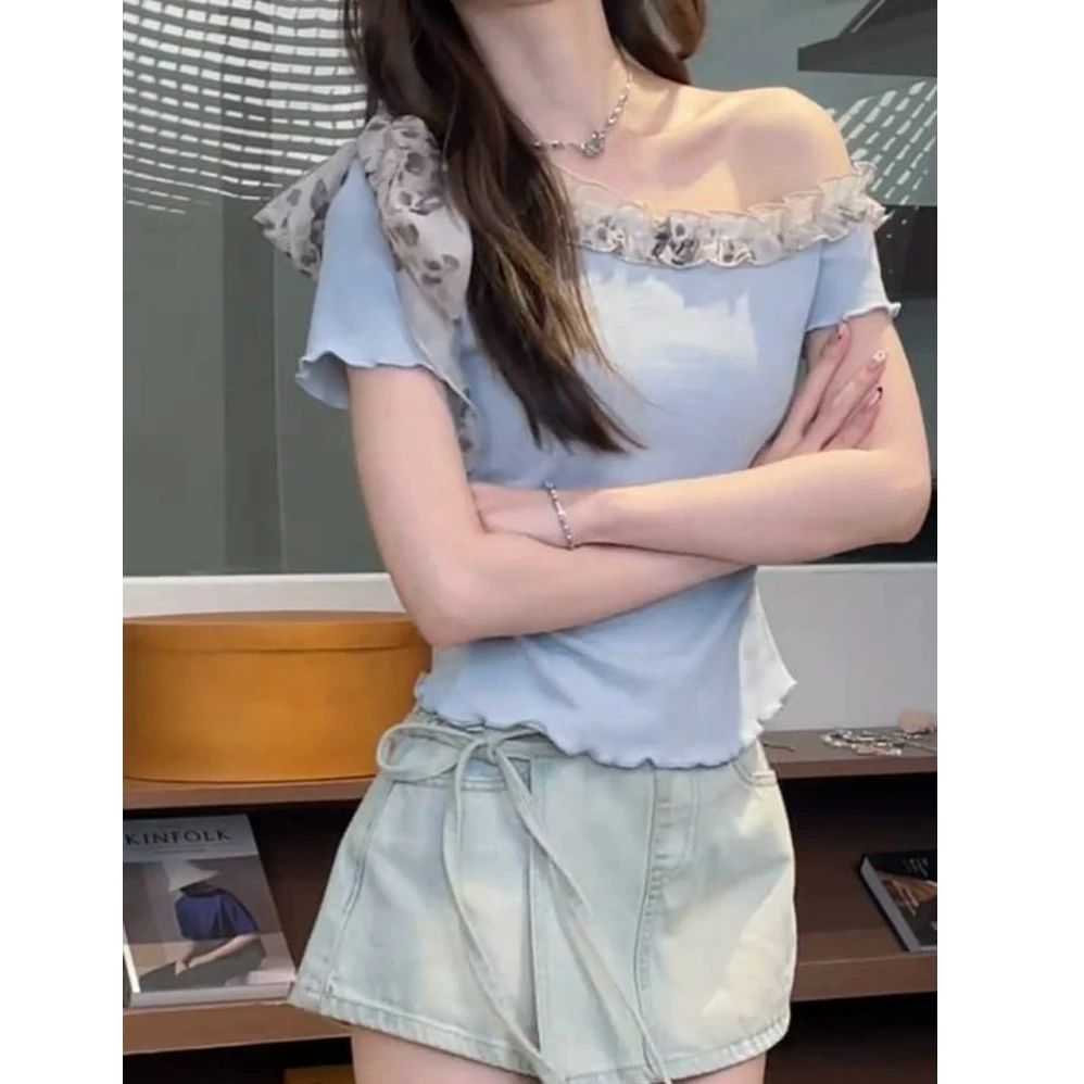 法式碎花荷叶边拼接斜肩t恤女装2025夏季新款飘带设计感短袖上衣