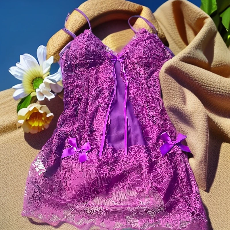 爆款带胸垫性感吊带睡裙透气紫色睡衣女纯欲蕾丝网纱美背镂空薄款