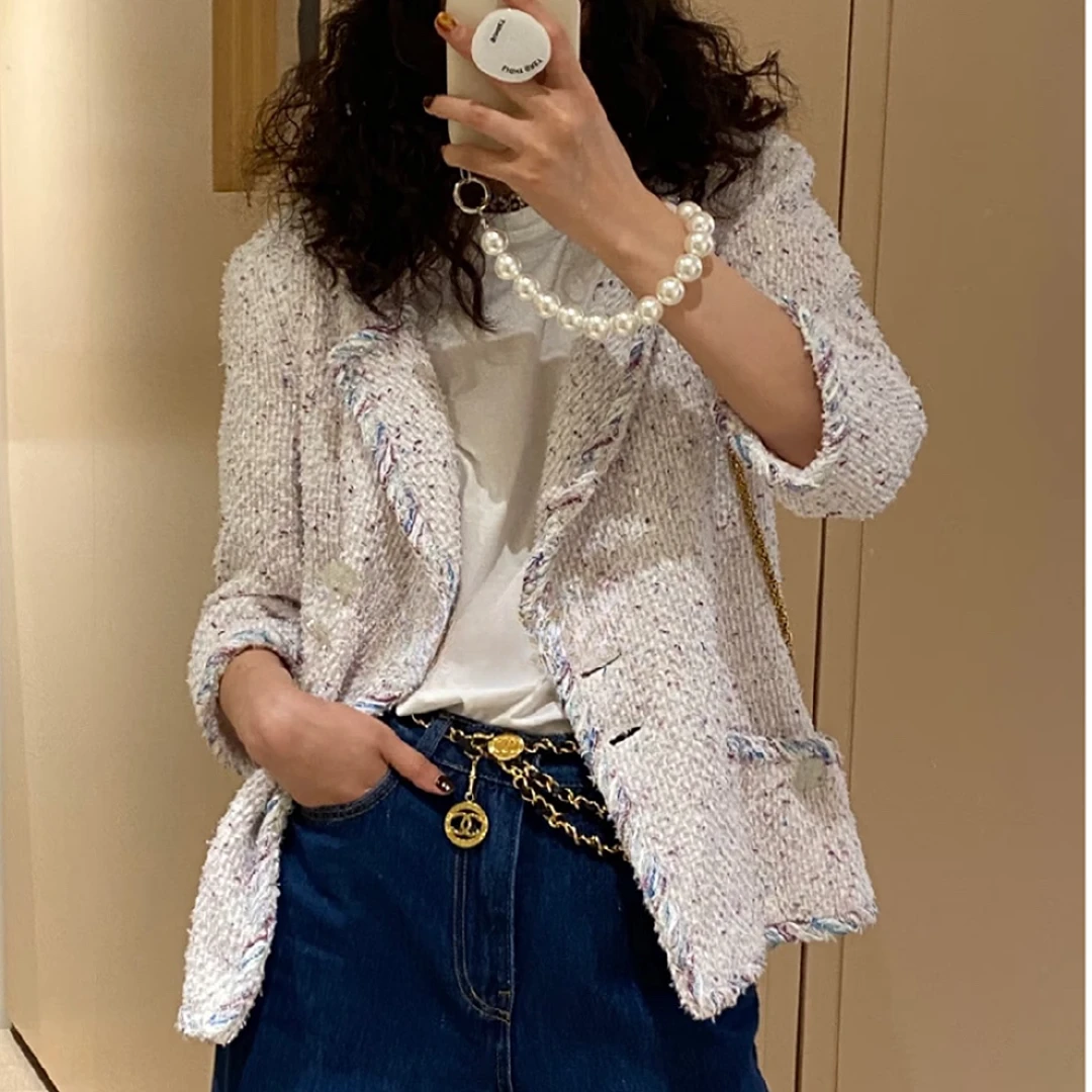 99新 Chanel/香奈儿 瀑布秀款炫彩翻领粗花呢外套/f34/编号0694