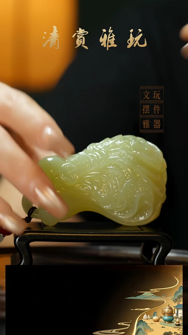 玉《丰满白菜手握百财》手把件摆件