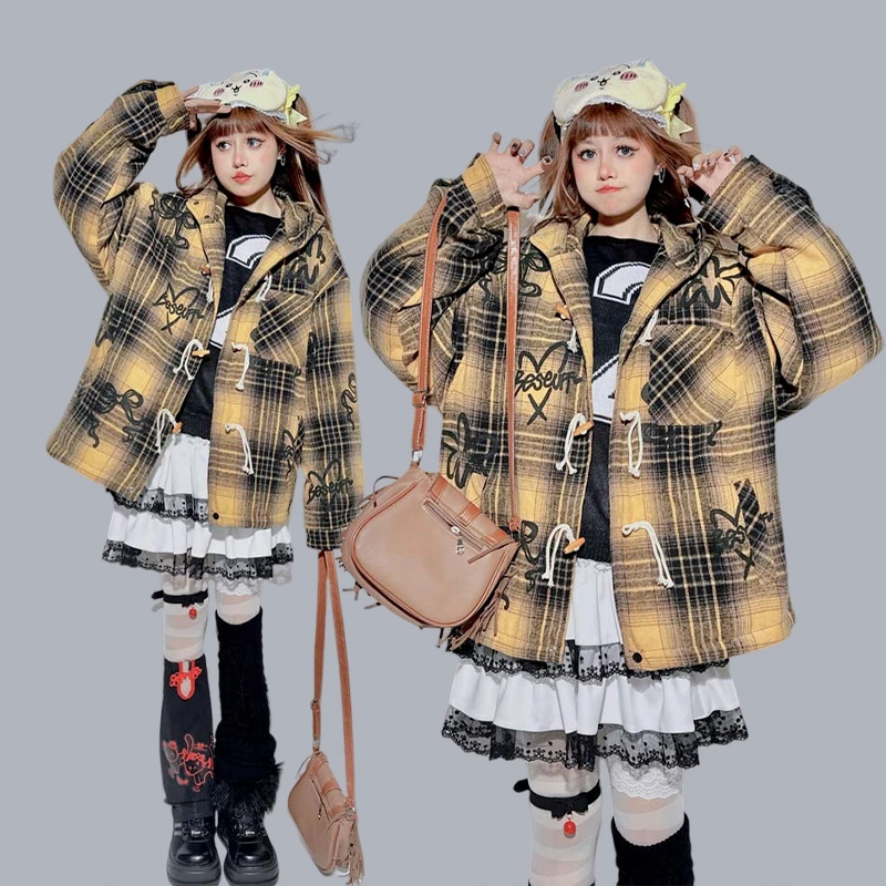 饭粒家 复古格子仿毛呢大衣女2024秋冬新款拼接长款学院风外套厚
