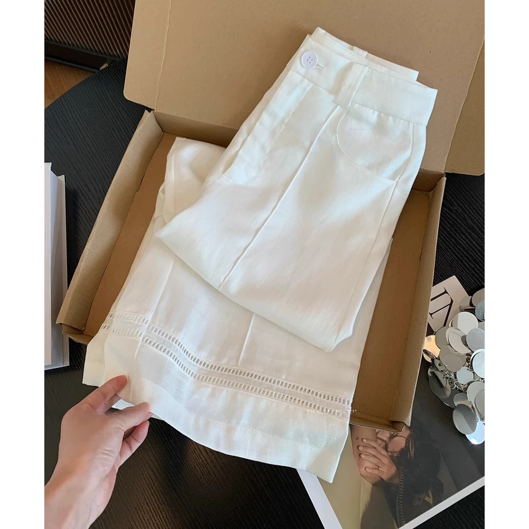 夏季薄款镂空花边拼接九分直筒裤女梨形身材高腰显瘦小个子休闲裤