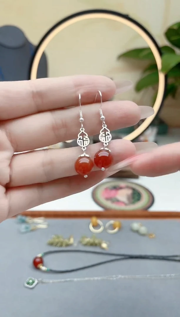 玛瑙/玉髓耳饰银S925镶嵌350