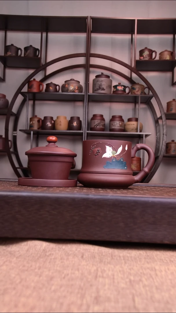 茶杯紫砂手工泥绘鸿运当头荷花莲子四件套350-400CC容量