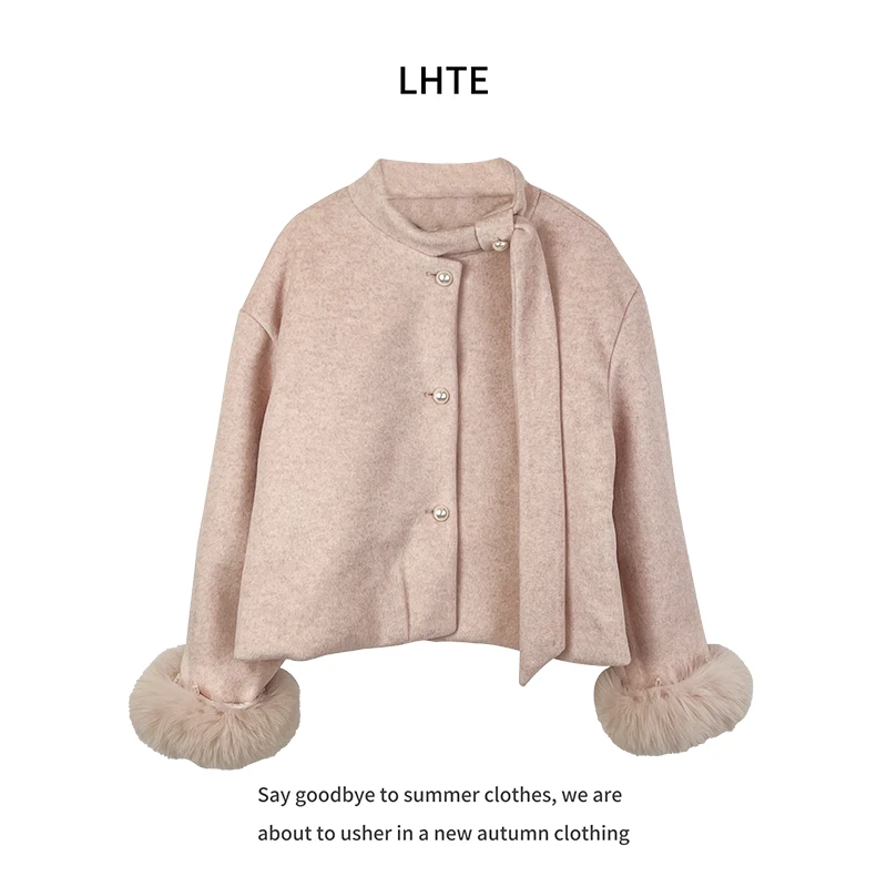 青青大码女装富家千金斗篷大衣蝴蝶结双面毛呢外套女秋冬季A0013