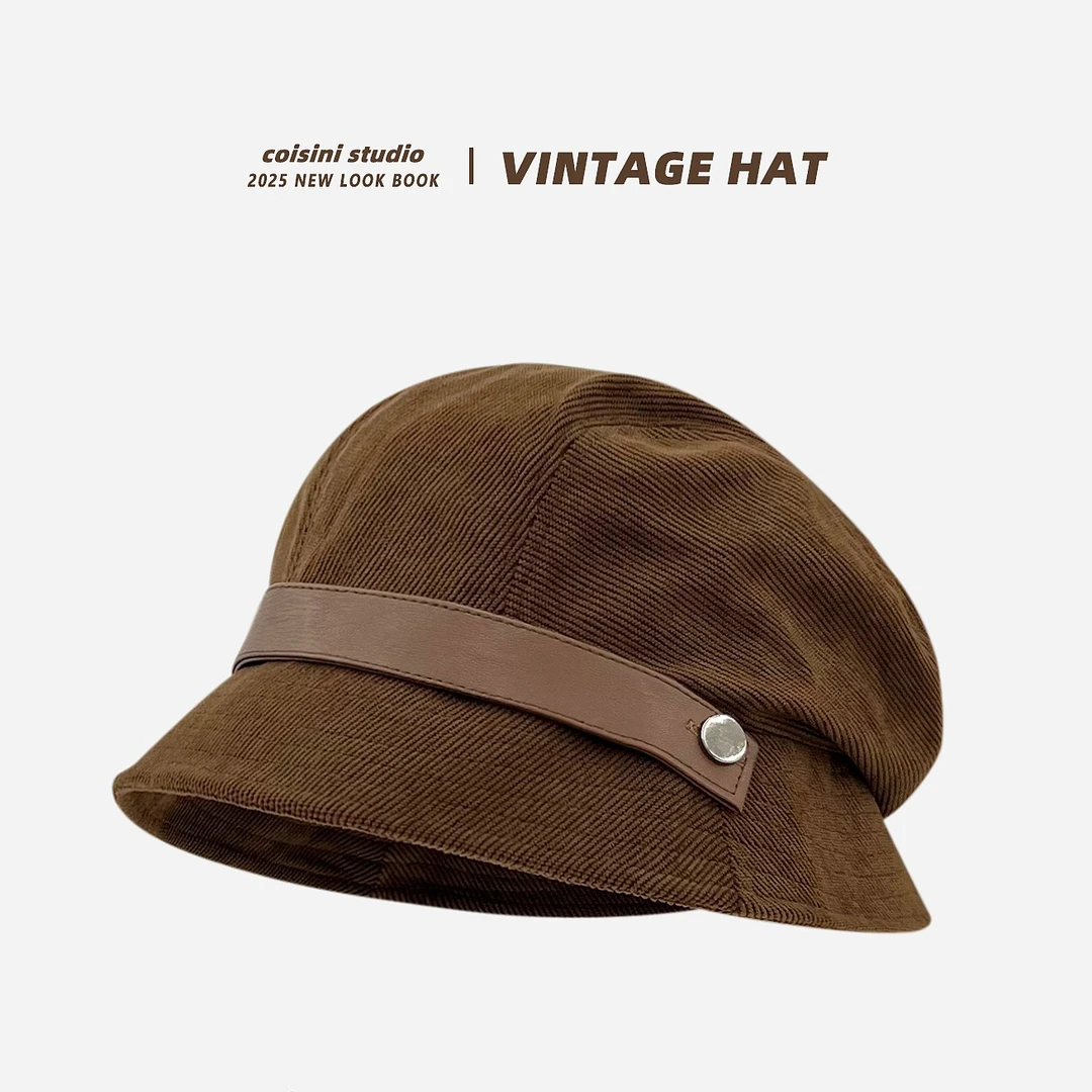 2025新款皮带棕色灯芯绒渔夫帽子女秋冬季休闲百搭素颜出街显脸小