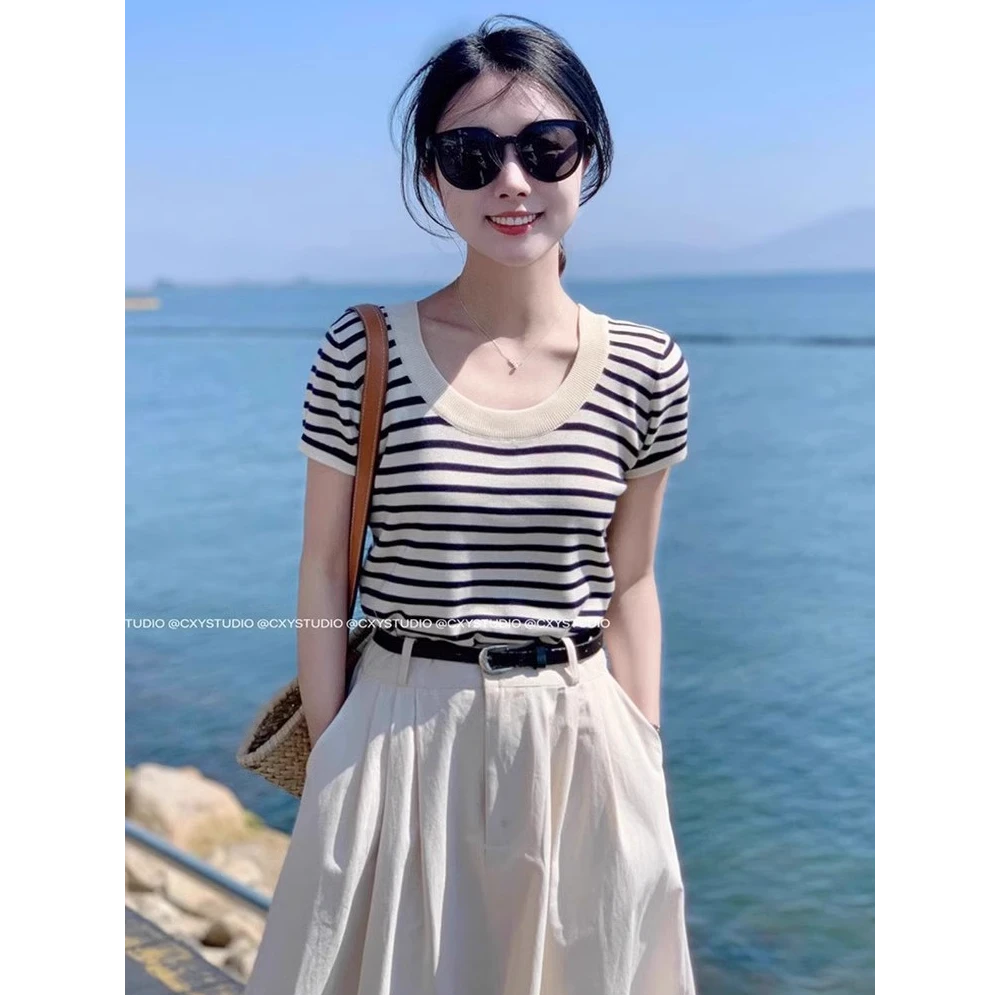 经典法式U领针织短袖上衣女2025夏季新款显瘦条纹T恤不挑人真百搭