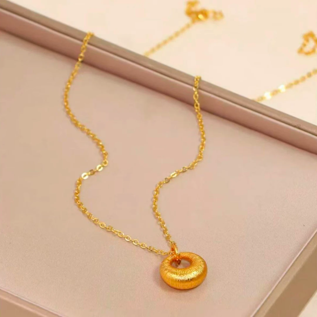 老鳯祥 坠链均925银 小坨峰拉丝胖福平安扣项链气质精美锁骨链