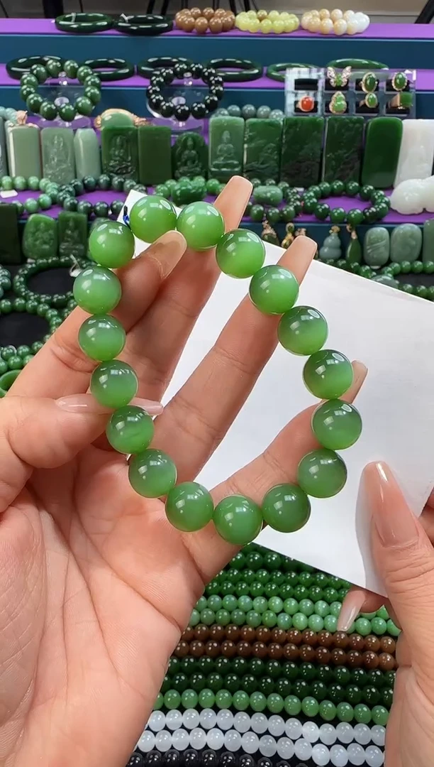 未镶嵌手串和田玉卡12粉绿猫眼单圈手串