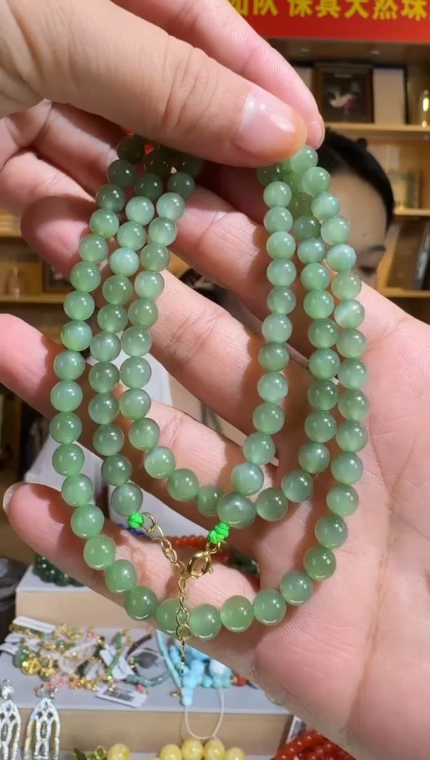 项链银S925镶嵌和田玉约6mm粉青猫眼项链多样性发一