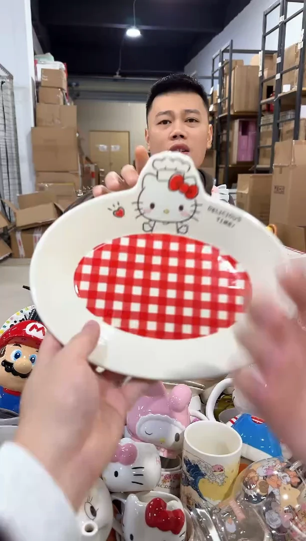 瓷片原盒kt猫红格子餐盘