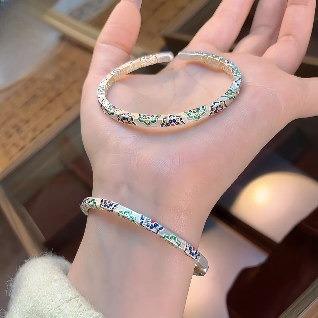 足银手镯 A34描金珐琅宝相花手镯新中式国风开口手环银镯送女友