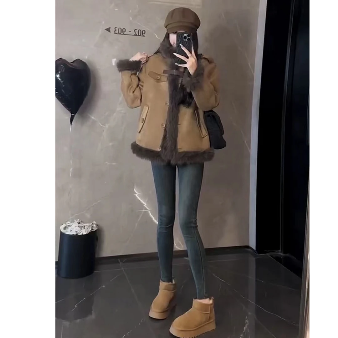 ZX9100麂皮绒棉服女新款冬季加绒加厚小个子皮毛一体外套