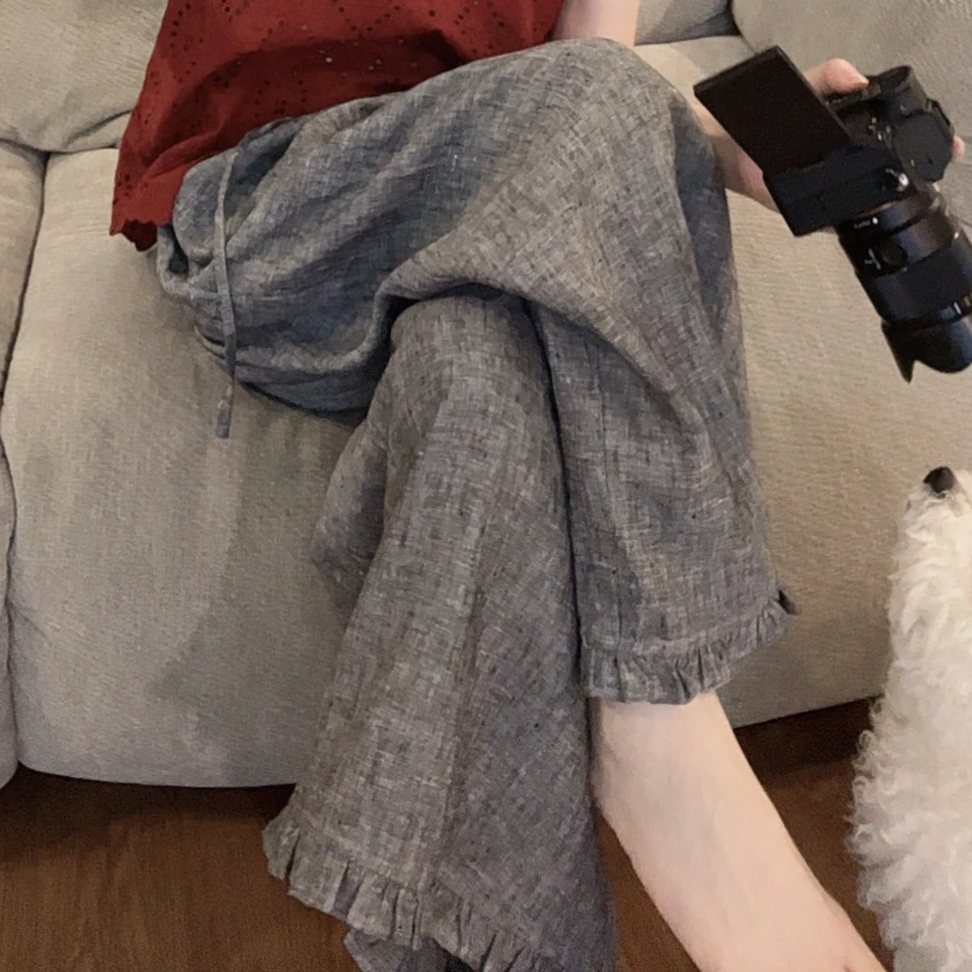 【悦悦专属】夏季极简松紧腰木耳花边休闲裤女Y292