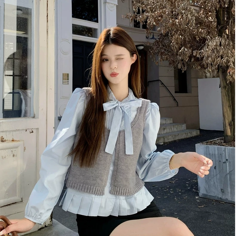 洋气长袖针织衬衫女2025秋新时尚宽松显瘦设计感百搭两件套上衣潮