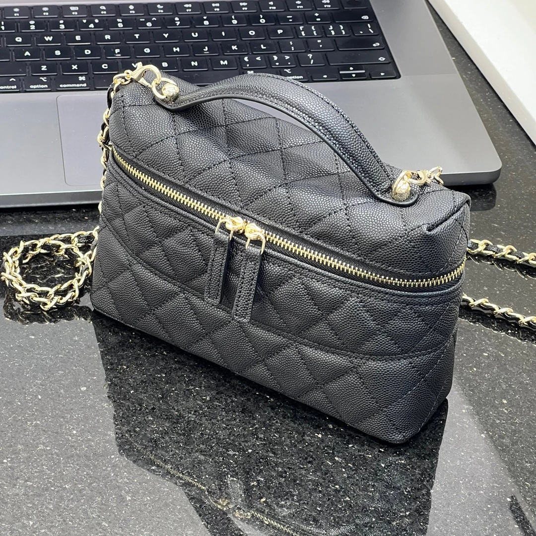 经典链条化妆包真皮鱼子酱饭盒包手提手拎单肩斜挎包小香风女包