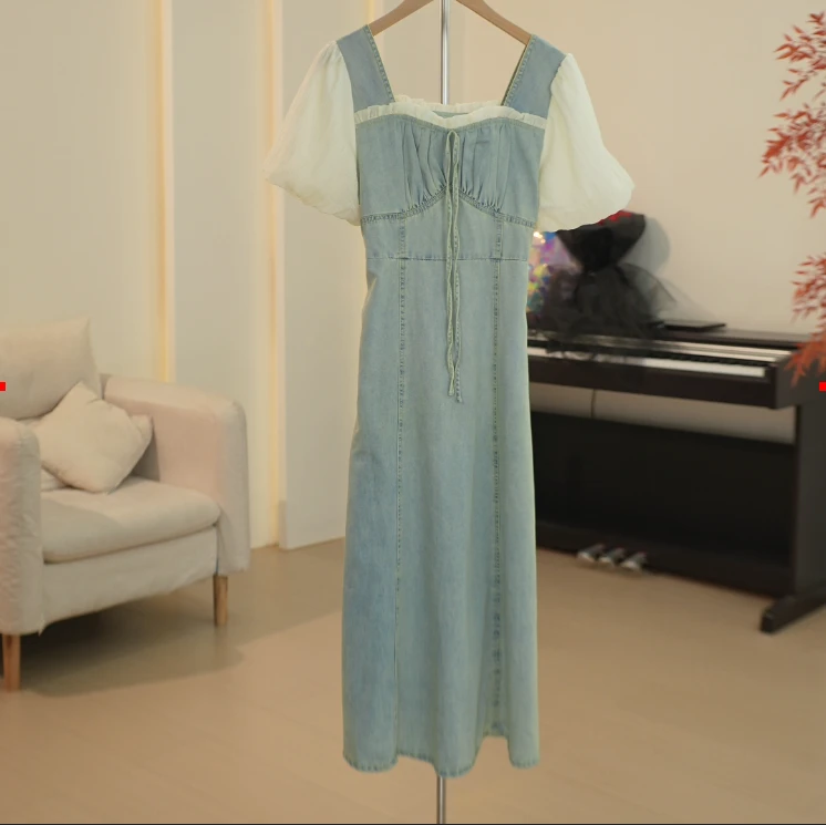 C415 ML系列高级感茶歇法式泡泡袖拼接连衣裙