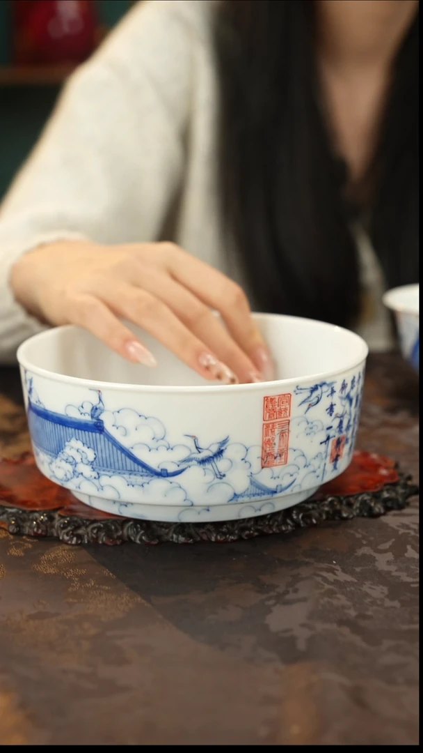 画堂春 青花手绘瑞鹤水洗