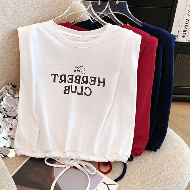 后背设计感抽绳减龄上衣复古字母印花甜酷短袖T恤女白色