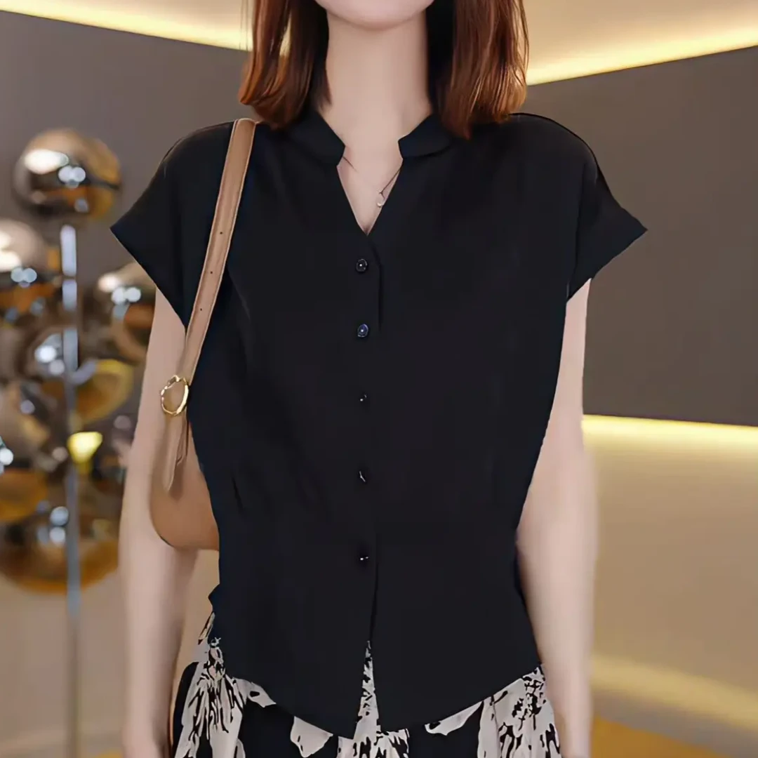 时尚小V领短袖T恤春夏款时尚百搭收腰显瘦设计感轻奢女士小衫上衣