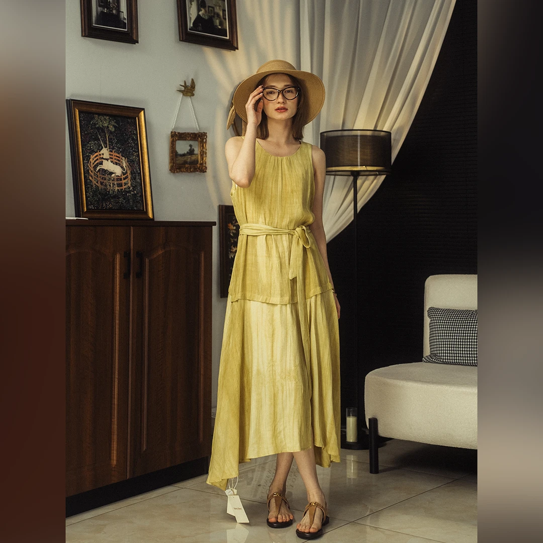 无袖不规则拼接连衣裙女2025夏季新款系带长裙