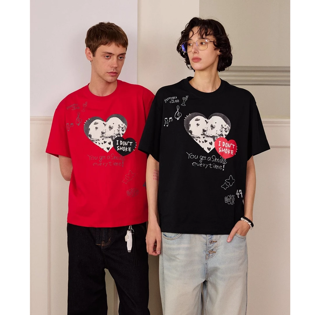 【520限定爱心小狗】DONSMOKE情侣短袖落肩宽松涂鸦手绘字体短袖