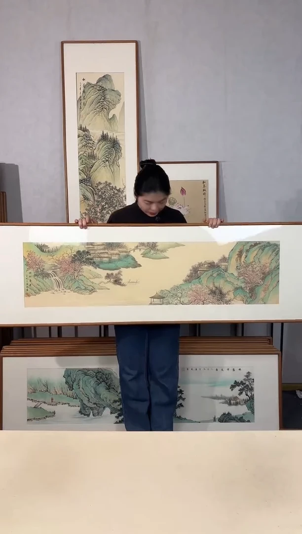 国画手绘*烟柳春舟*52*172cm*原木色木框