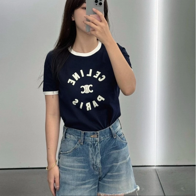 未使用 Celine/思琳 植绒字母边饰短袖 藏青/L