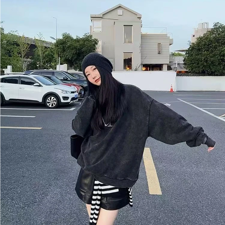 美式做旧复古 情侣款高级碳灰慵懒卫衣