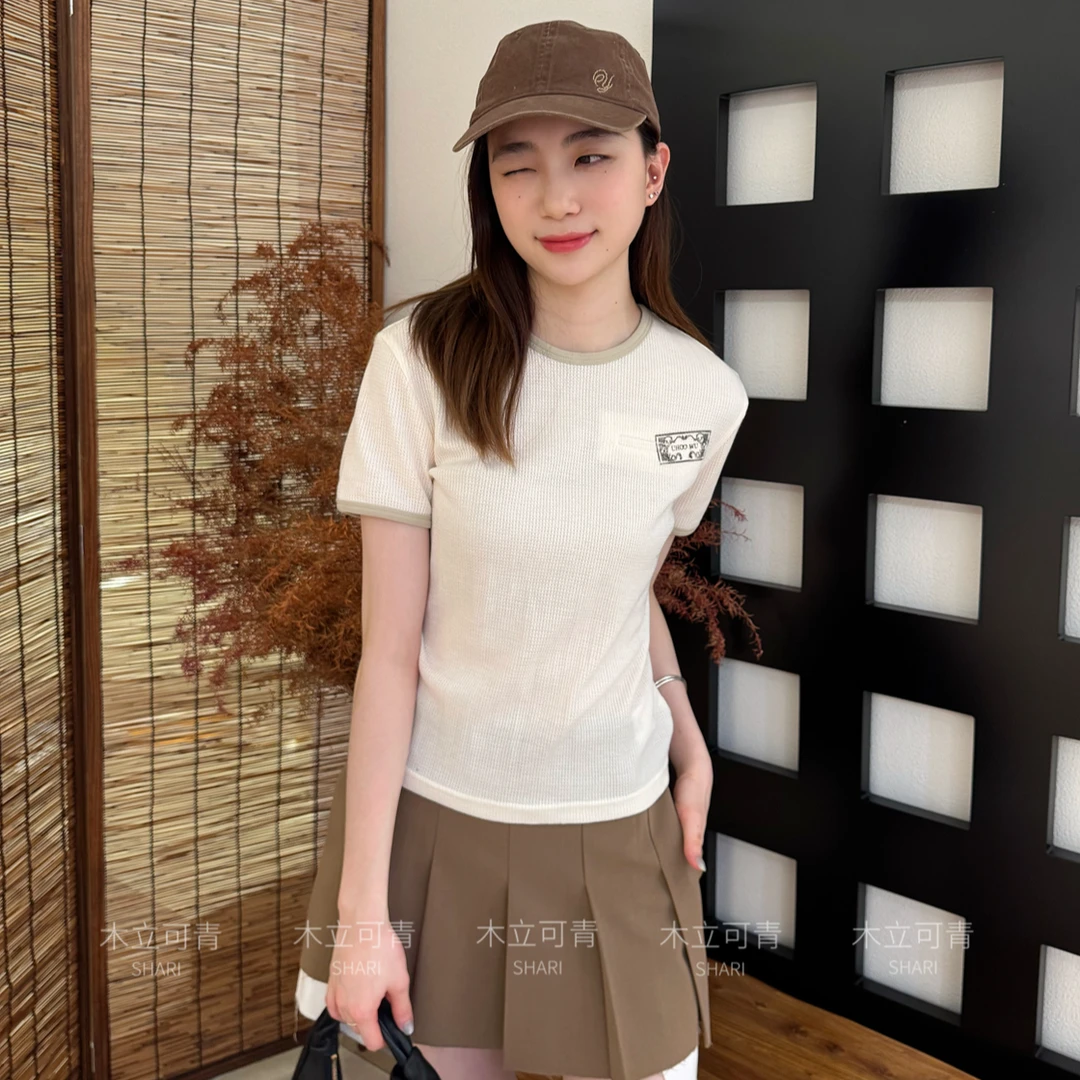 UHOOWU 设计师品牌25秋冬新款华夫格印花修身短袖拼色T恤时尚夏季