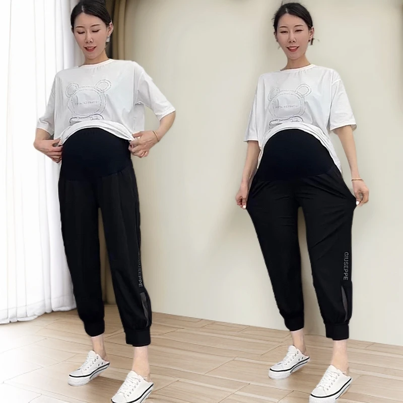 孕妇冰丝裤夏季外穿薄款速干裤八分宽松大码休闲小脚裤子孕妇夏装