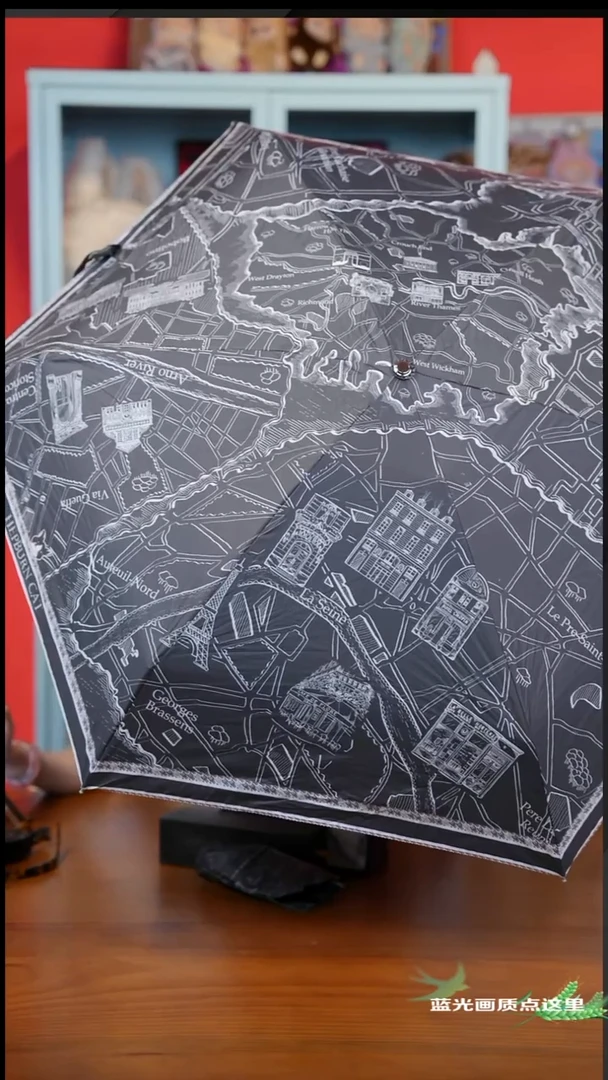 137 Hepburn Cat 赫本猫 环球旅行地图五折黑胶伞"-黑色