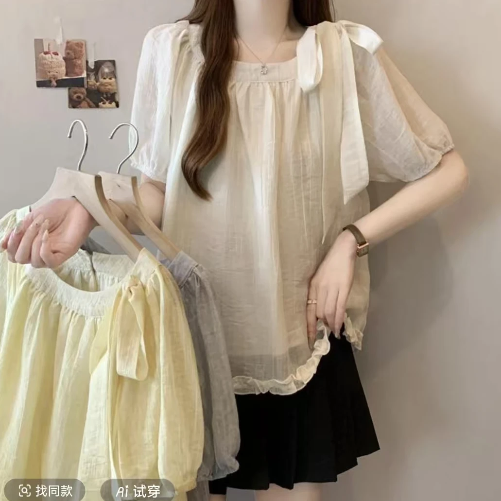 胖MM200斤夏甜美系带蝴蝶结下摆木耳边韩系减龄小衫上衣