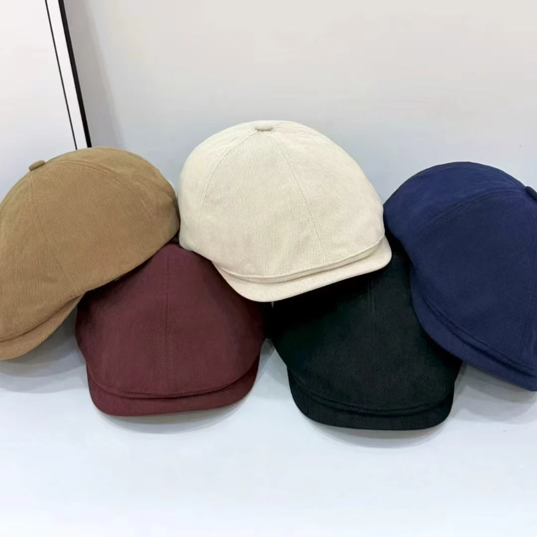 秋冬新款韩版细纹纯色灯芯绒鸭舌帽男女简约时尚短檐复古前进帽潮