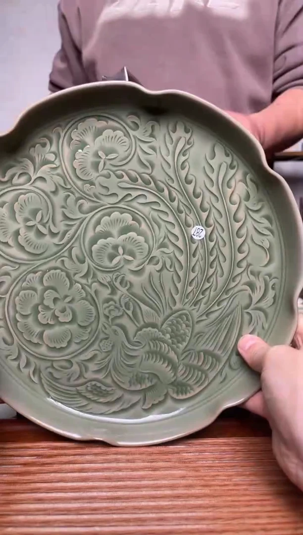 【闪购商品】其他287耀州窑凤穿牡丹花口赏盘