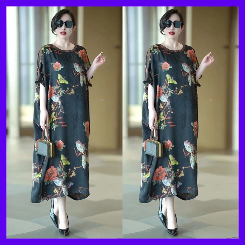 412高端香云纱连衣裙夏季新款年轻款妈妈真丝桑蚕丝大码宽松长裙