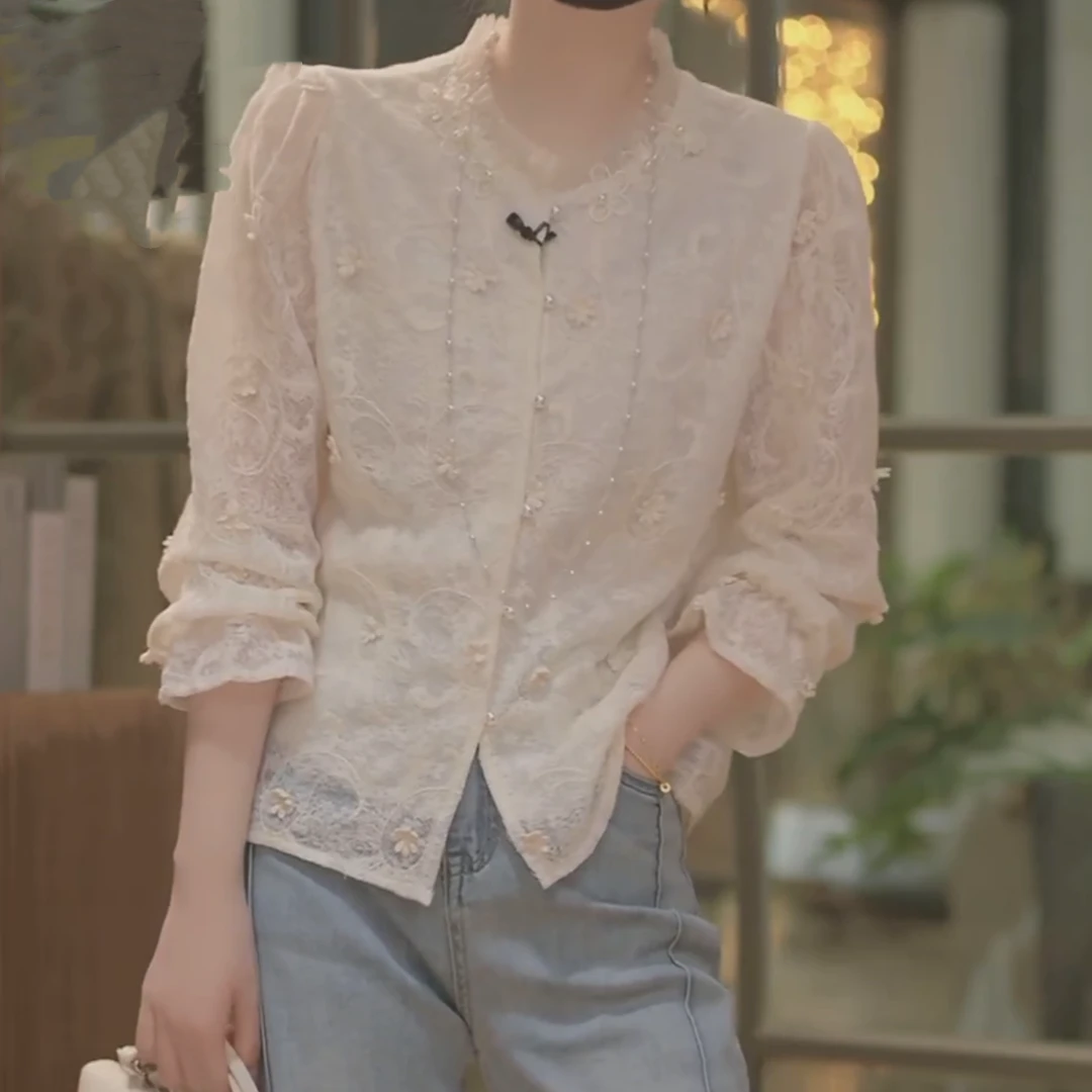 新中式国风衬衫2025新款春季时尚提花设计感气质长袖衬衣蕾丝上衣