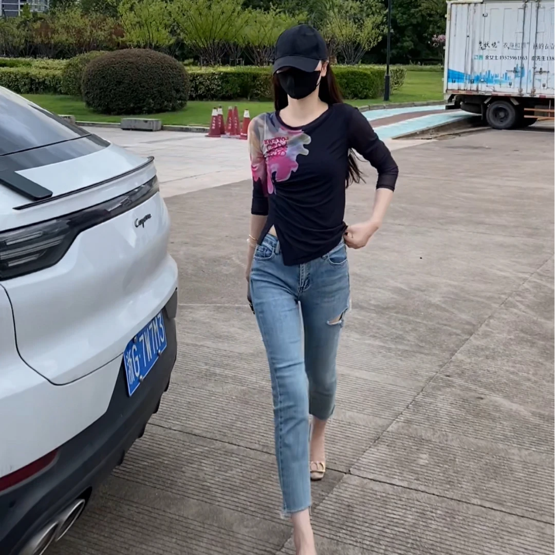 【金金家】2025新款百搭显瘦洋气显瘦印花网纱长袖T恤-9316#