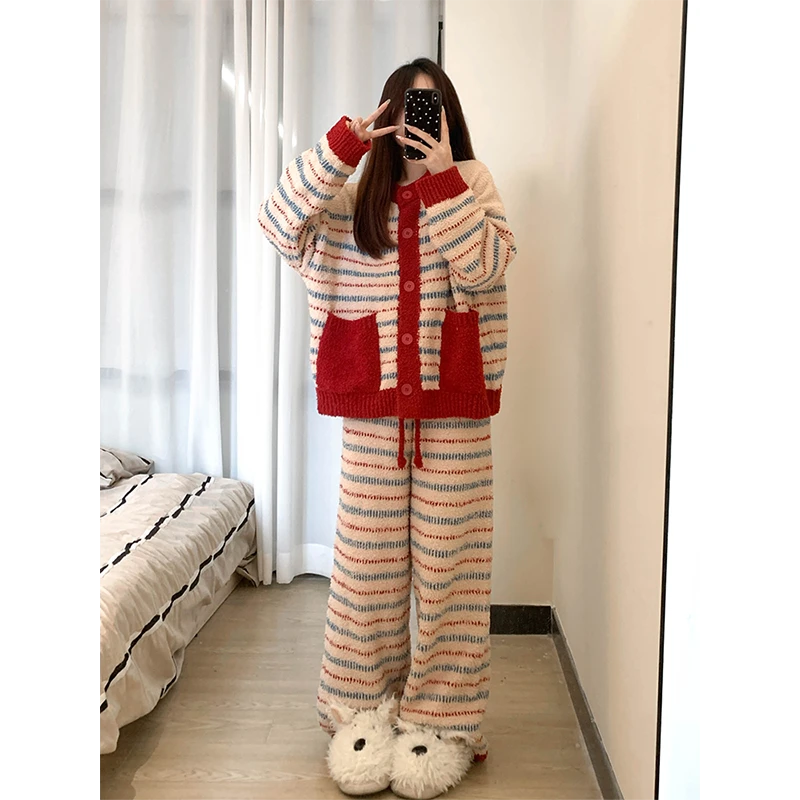 复古高级感条纹半边绒睡衣女秋冬季休闲简约居家舒适保暖两件套