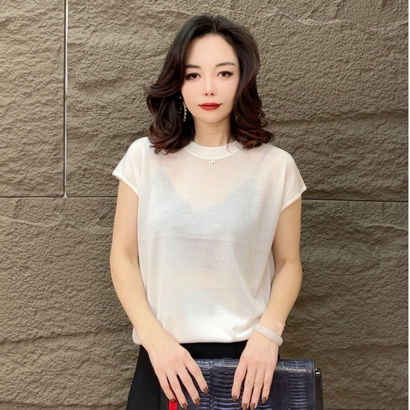 2025夏高端轻熟气质圆领小飞袖针织短袖