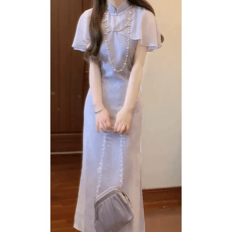 夏季新中式国风设计感紫色复古印花改良旗袍连衣裙优雅气质长裙女