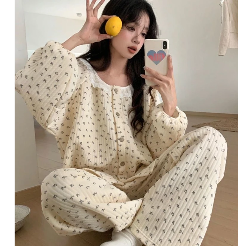 可爱碎花夹棉睡衣女保暖简约套装2267