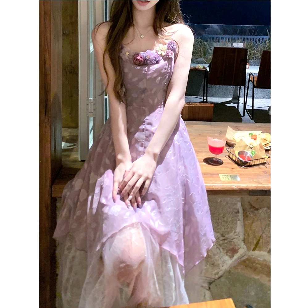 大码女装法式雾紫花吊带连衣裙碎花薄纱海边度假长款紫色11197