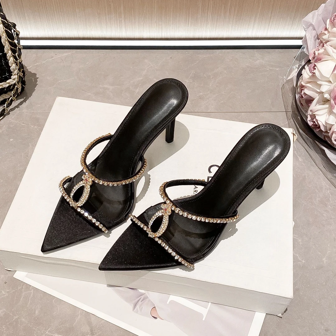 夏季露趾尖头水钻凉鞋宝石一字带凉拖鞋性感外穿仙女风细跟高跟鞋