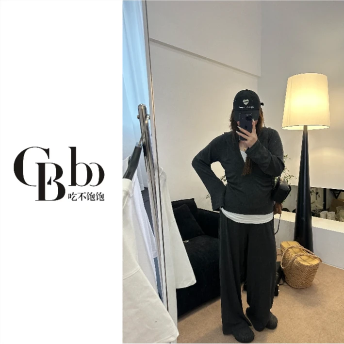 【吃不饱饱】大码  灰色地带 撞色假两件连帽上衣休闲阔腿裤0161
