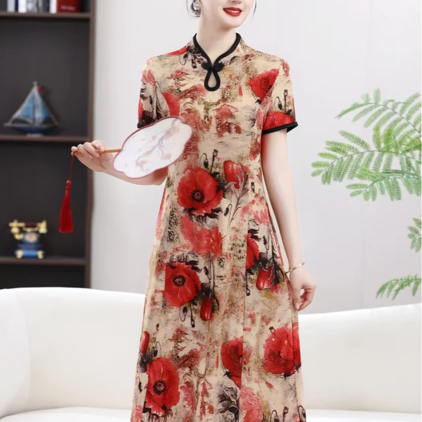 妈妈夏季短袖改良旗袍连衣裙女新款中老年复古国风中式长裙子